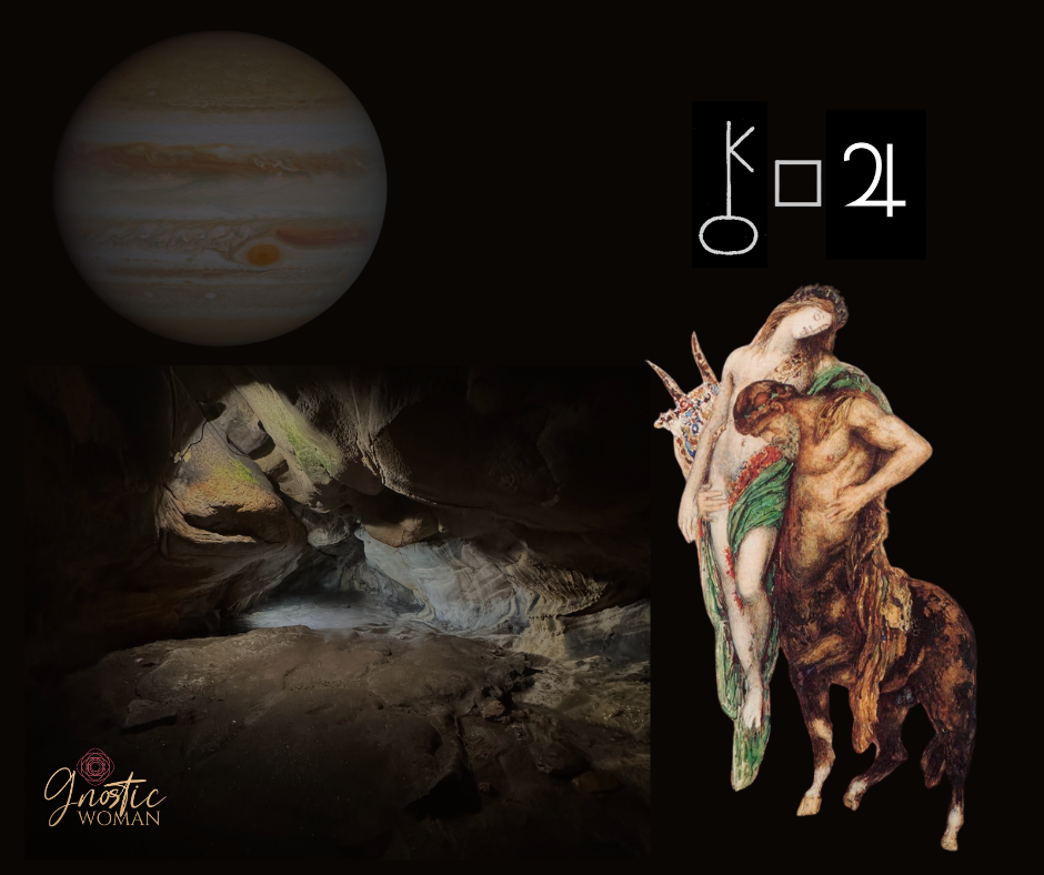 Chiron Square Jupiter Montage by Karen Mullen Smith: Original painting-Dead poet borne by centaur by Gustave Moreau Canvas Oil, Mary Magdalene's Cave, Fife, Jupiter in true colour,[a] taken by the Hubble Space Telescope in January 2024[b]