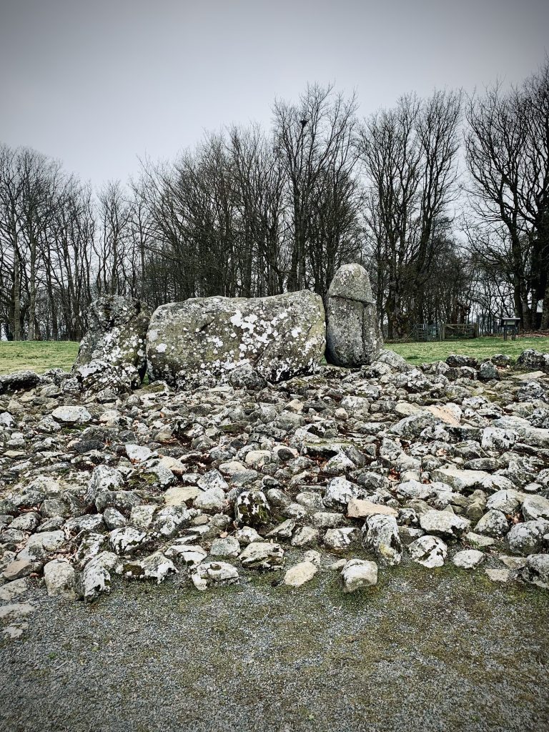 Loanhead of Daviot, Recumbent Stone Circle with phallic flanking stone to the right. April 2022, Aberdeenshire, Scotland © Karen Mullen Smith